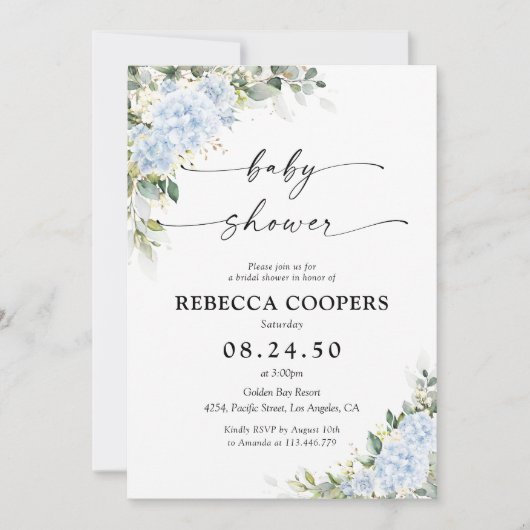 Blauwe Hydrangea Bloemige Baby Shower Uitnodiging (Voorkant)