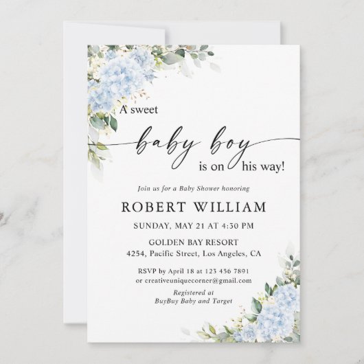 Blauwe Hydrangea Bloemige Baby Shower Uitnodiging (Voorkant)