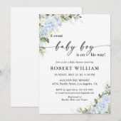 Blauwe Hydrangea Bloemige Baby Shower Uitnodiging (Voorkant / Achterkant)