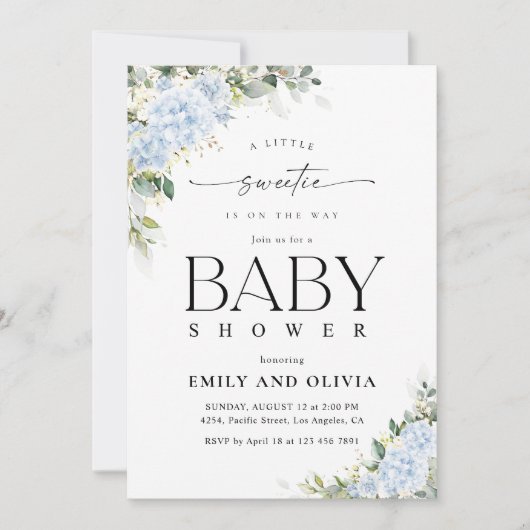 Blauwe Hydrangea Bloemige Baby Shower Uitnodiging (Voorkant)