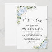 Blauwe Hydrangea Bloemige Baby Shower Uitnodiging (Voorkant / Achterkant)