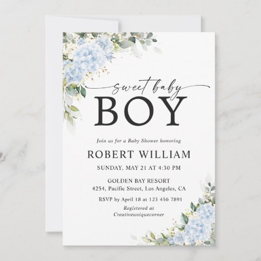 Blauwe Hydrangea Bloemige Baby Shower Uitnodiging (Voorkant)