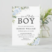 Blauwe Hydrangea Bloemige Baby Shower Uitnodiging (Staand voorkant)