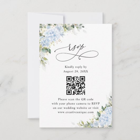 Blauwe Hydrangea Bloemige Trouwwebsite QR Code RSV RSVP Kaartje (Voorkant)