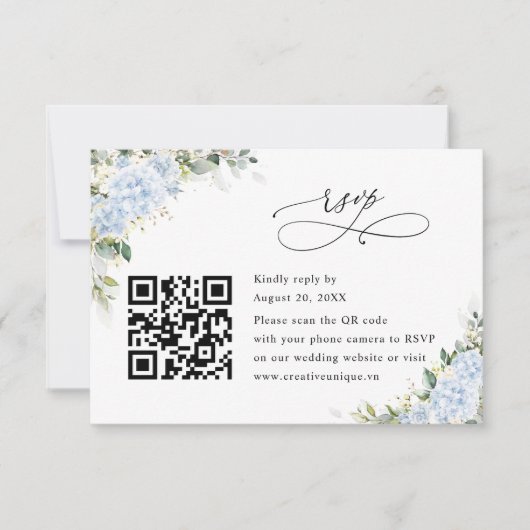 Blauwe Hydrangea Bloemige Trouwwebsite QR Code RSV RSVP Kaartje (Voorkant)