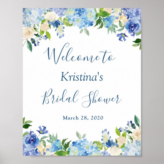 Blauwe Hydrangea Bloemrijke Chic Bruidsdouche Bord Poster (Voorkant)