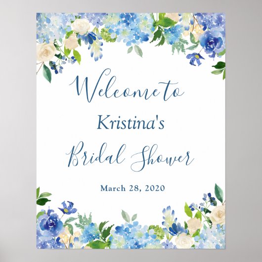 Blauwe Hydrangea Bloemrijke Chic Bruidsdouche Bord Poster (Voorkant)