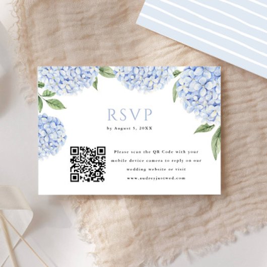 Blauwe Hydrangea Bloom QR Code Block Print Antwoor RSVP Kaartje