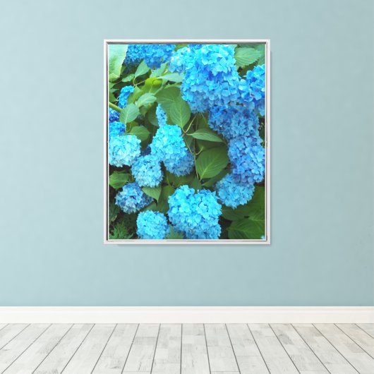 Blauwe hydrangea Blooms Floral Canvas Afdruk (Insitu (Houten vloer))