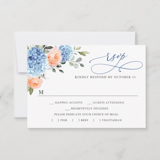 Blauwe Hydrangea Blush Roze Rozen Bloemen Bruiloft RSVP Kaartje (Voorkant)