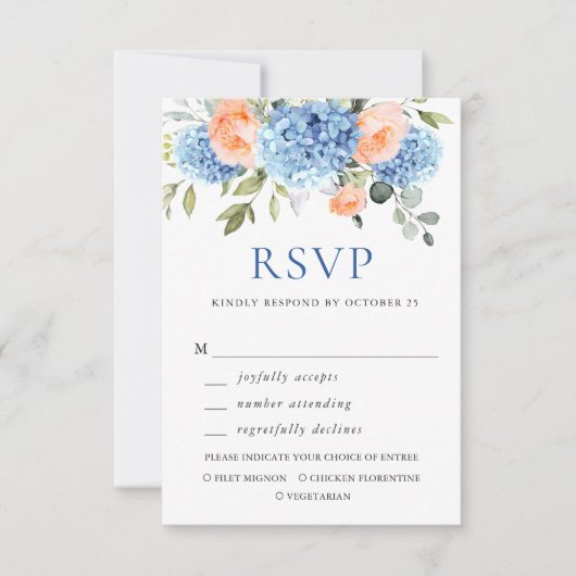 Blauwe Hydrangea Blush Roze Rozen Bloemen Bruiloft RSVP Kaartje (Voorkant)