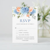 Blauwe Hydrangea Blush Roze Rozen Bloemen Bruiloft RSVP Kaartje (Staand voorkant)