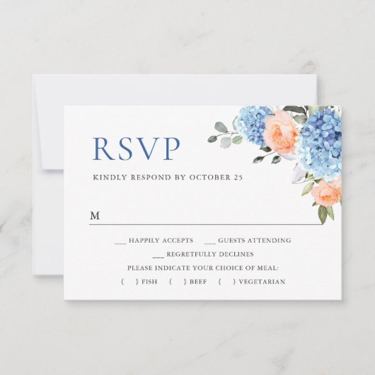Blauwe Hydrangea Blush Roze Rozen Bloemen Bruiloft RSVP Kaartje (Voorkant)