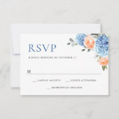 Blauwe Hydrangea Blush Roze Rozen Bloemen Bruiloft RSVP Kaartje (Voorkant)