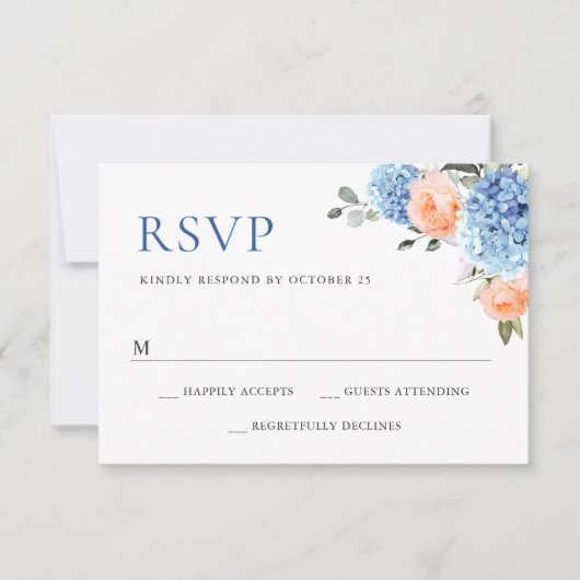 Blauwe Hydrangea Blush Roze Rozen Bloemen Bruiloft RSVP Kaartje (Voorkant)