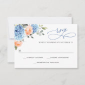 Blauwe Hydrangea Blush Roze Rozen Bloemen Bruiloft RSVP Kaartje (Voorkant)