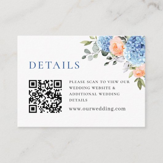 Blauwe Hydrangea Blush Roze Rozen Bruiloft Details Informatiekaartje (Voorkant)