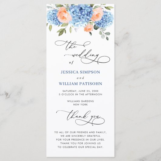 Blauwe Hydrangea Blush Roze Rozen Trouwceremonie Programmakaart (Voorkant)