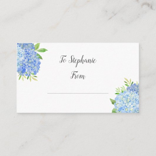 Blauwe Hydrangea Botanische Bruids Display Douche Informatiekaartje (Achterkant)