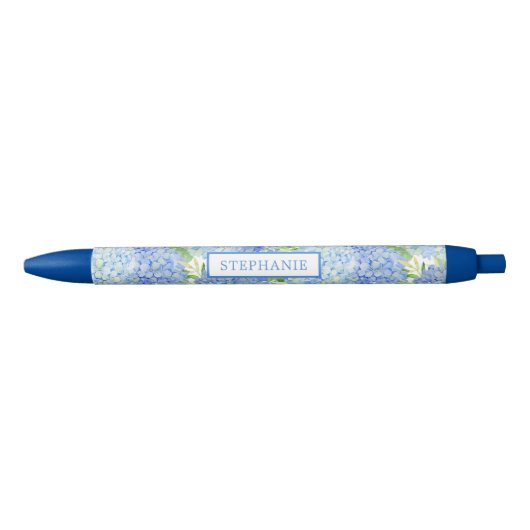 Blauwe Hydrangea Botanische Gepersonaliseerde Naam Zwarte Inkt Pen (Voorkant)