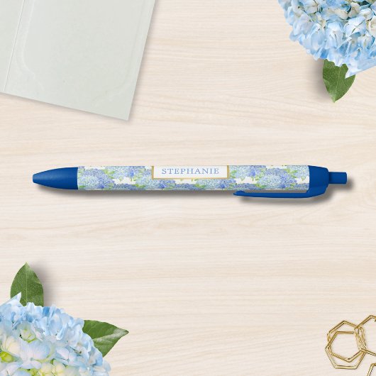 Blauwe Hydrangea Botanische Gepersonaliseerde Naam Zwarte Inkt Pen