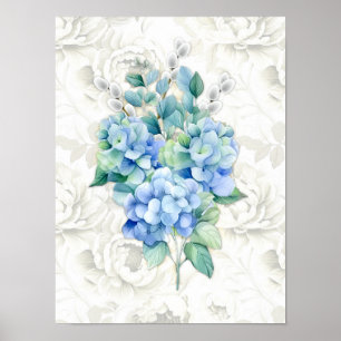 Blauwe Hydrangea Botanische Ivoor Bloemen Achtergr Poster