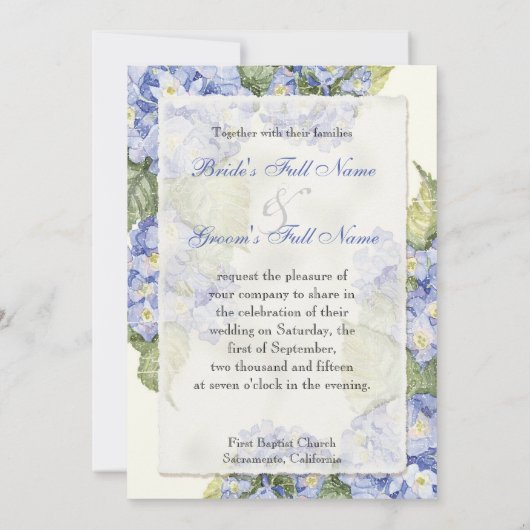 Blauwe Hydrangea Bracket Floral Formele Bruiloft Kaart (Achterkant)