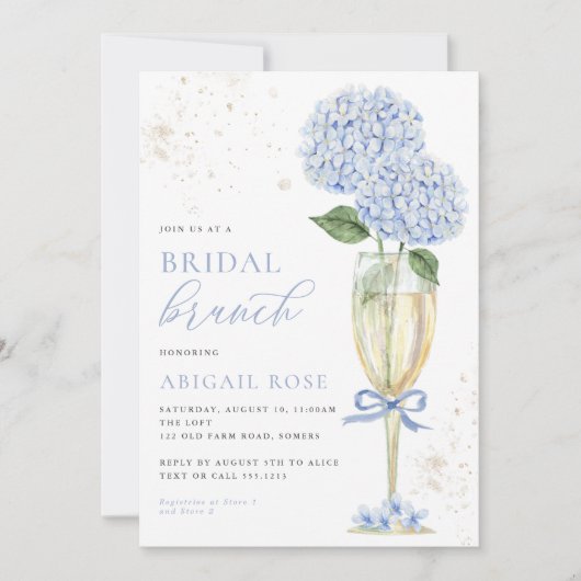 Blauwe Hydrangea Bridal Brunch Gouden Champagne Kaart (Voorkant)