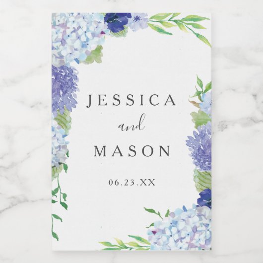 Blauwe Hydrangea Bruiloft Wijn Etiketten (Enkel label)