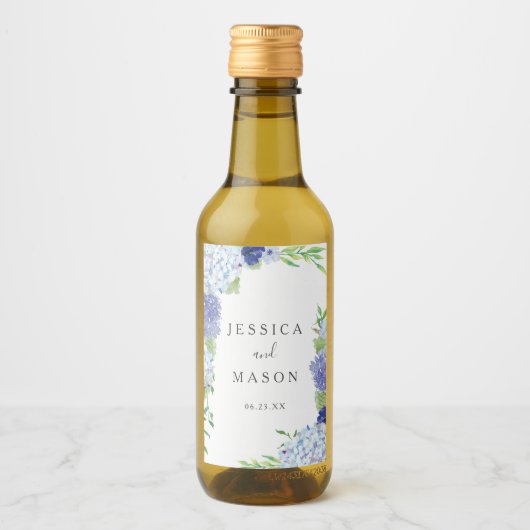 Blauwe Hydrangea Bruiloft Wijn Etiketten (Voorkant)