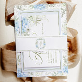 Blauwe Hydrangea Crest Trouw Monogram Uitnodigingen Wikkel