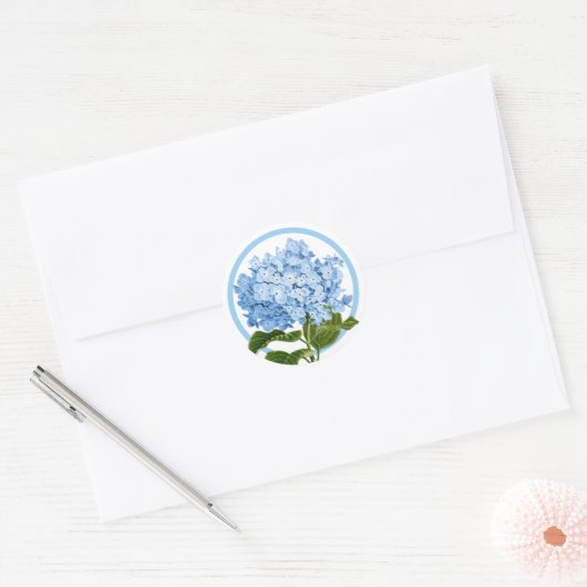 Blauwe Hydrangea en Cirkel Douche Favor Ronde Sticker (Envelop)