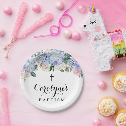 Blauwe hydrangea en ivoren Rozen Baptisme Papieren Bordje (Feest)