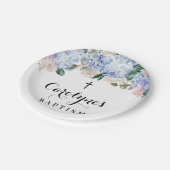 Blauwe hydrangea en ivoren Rozen Baptisme Papieren Bordje (Gekanteld)