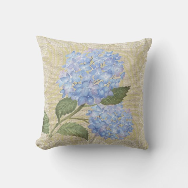 Blauwe hydrangea en vlakke  kussen (Voorkant)