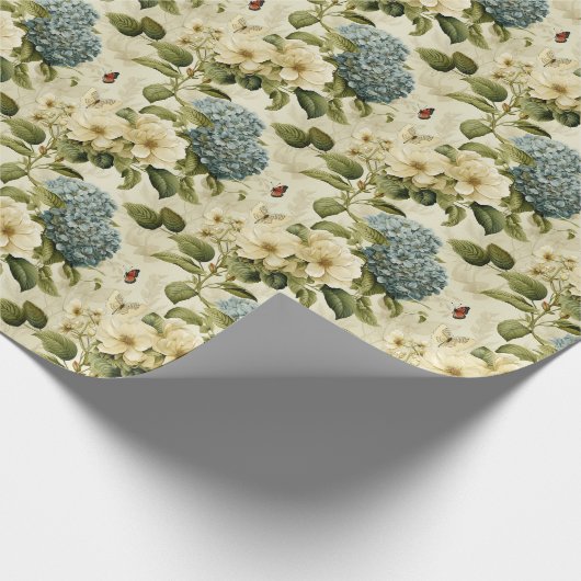 Blauwe Hydrangea en Vlinder Bloemen Cadeaupapier (Hoek)