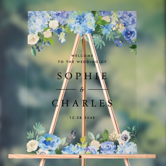 Blauwe Hydrangea en Witte Anemone Bruiloft Welkom Acryl Bord (Neutraal)