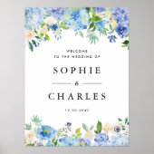 Blauwe Hydrangea en Witte Anemone Bruiloft Welkom Poster (Voorkant)