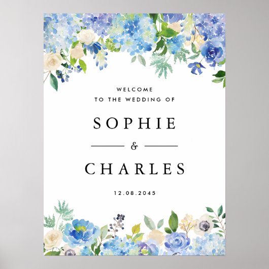 Blauwe Hydrangea en Witte Anemone Bruiloft Welkom Poster (Voorkant)