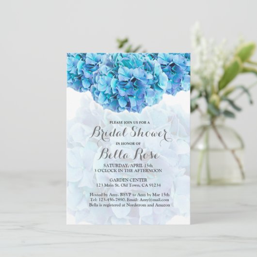 Blauwe hydrangea floral bridal douches kaart (Staand voorkant)