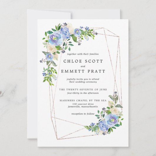 Blauwe hydrangea Floral Gold Geometric Lijst Kaart (Voorkant)