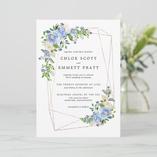 Blauwe hydrangea Floral Gold Geometric Lijst Kaart (Staand voorkant)