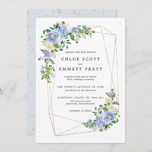 Blauwe hydrangea Floral Gold Geometric Lijst Kaart (Voorkant / Achterkant)