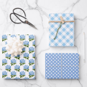 Blauwe Hydrangea Gingham en Polka Dot Patroon Inpakpapier Vel