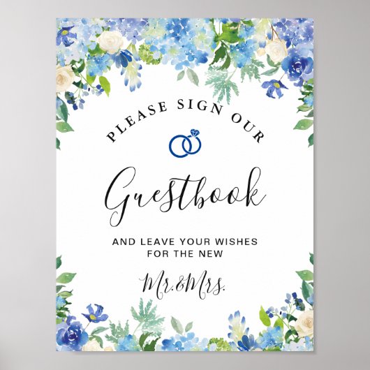 Blauwe Hydrangea Groen Sign Onze Gastboek Poster (Voorkant)