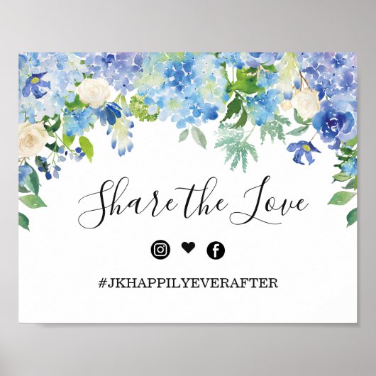 Blauwe Hydrangea Groene Huwelijk Hashtag Bord Poster (Voorkant)