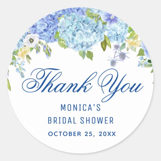 Blauwe Hydrangea Groene Waterverf Bruidsdouche Ronde Sticker (Voorkant)