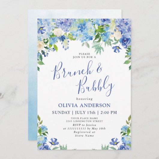 Blauwe Hydrangea Groene Waterverf Brunch & Mousser Kaart (Voorkant / Achterkant)