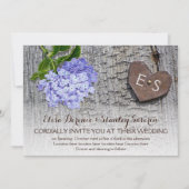 Blauwe hydrangea & hart, monogram op houtbruiloft kaart (Voorkant)