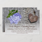 Blauwe hydrangea & hart, monogram op houtbruiloft kaart (Voorkant / Achterkant)